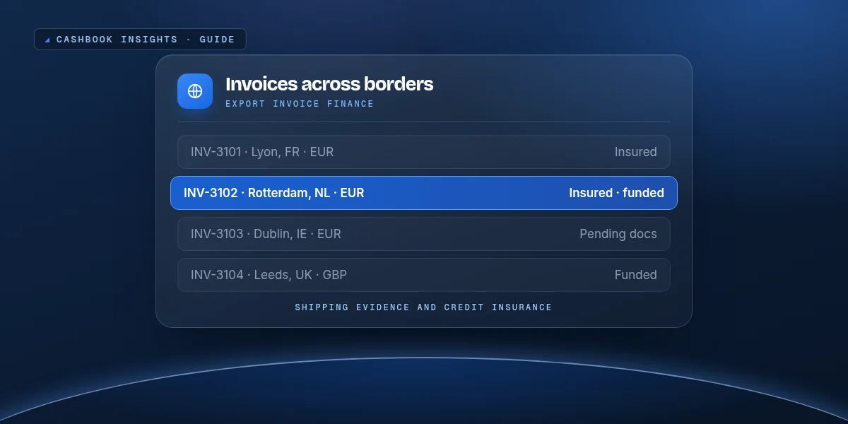 Export ledger with overseas invoices, credit insurance and one invoice funded