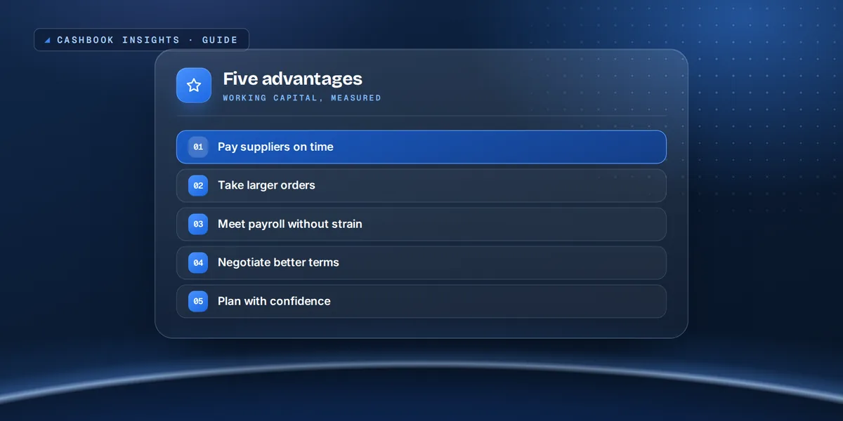 Five working capital advantages, from paying suppliers on time to planning with confidence